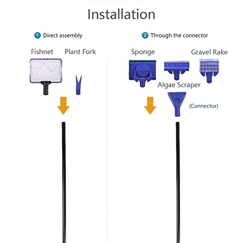 JZMYXA Aquarium Cleaning Tools Kit 5 in 1 Function for Long Deep Fish Tank, Including Algae Scrape, Cleaning Sponge, 3.9" Small Fishnet, Gravel Rake, Plant Fork