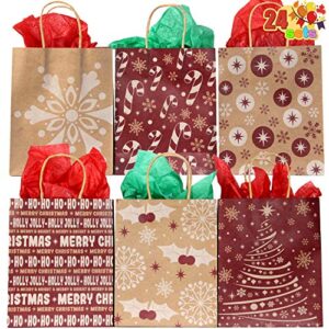 joyin 24 christmas holiday kraft paper goody gift bags 9x7.25x3.5 with handles for xmas gift-giving, classrooms party favors wrapping goodie bag