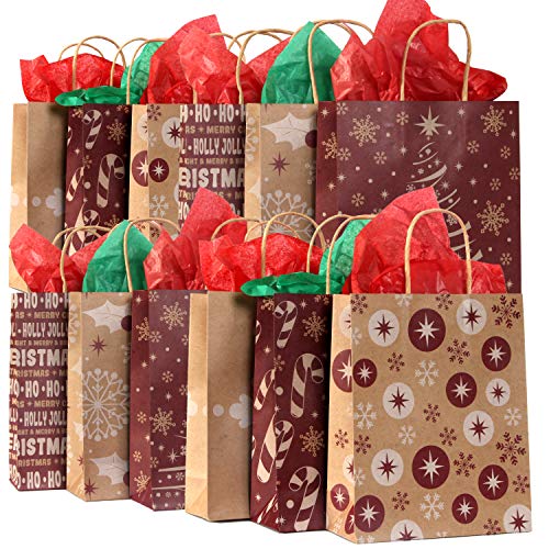 JOYIN 24 Christmas Holiday Kraft Paper Goody Gift Bags 9x7.25x3.5 with Handles for Xmas Gift-giving, Classrooms Party Favors Wrapping Goodie Bag