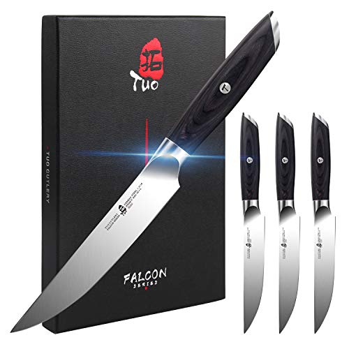 TUO Steak Knife Set - 5 inch Kitchen Steak Knife Set 4 - German HC Steel Kitchen Table Dinner Knife - Full Tang Pakkawood Handle - Falcon Series with Gift Box