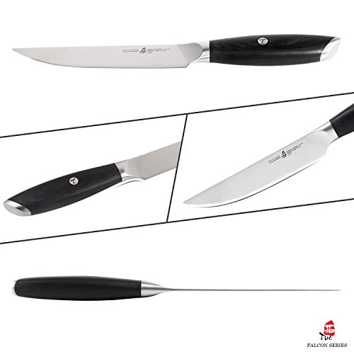 TUO Steak Knife Set - 5 inch Kitchen Steak Knife Set 4 - German HC Steel Kitchen Table Dinner Knife - Full Tang Pakkawood Handle - Falcon Series with Gift Box