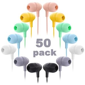 wensdo wholesale bulk earbuds headphones 50 pack multi color for classrooms kids, durable earphones perfect for k12 schools students teens kindergarten children gift and adult (mixed)