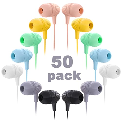 Wensdo Wholesale Bulk Earbuds Headphones 50 Pack Multi Color for Classrooms Kids, Durable Earphones Perfect for K12 Schools Students Teens Kindergarten Children Gift and Adult (Mixed)