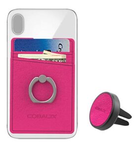 cobaltx leather cell phone ring wallet adhesive and matching magnetic car vent mount card holder back of phone all in one combo wallet ring grip kick stand phone wallet stick on with ring (hot pink)