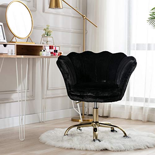 Wahson Home Office Task Chair with Wheels, Faux Fur Scallop Back Swivel Desk Chair, for Women, Teens, Girls Living Room, Vanity, Black
