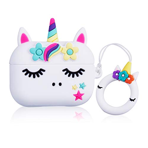 Jowhep Case for AirPod Pro 2019/Pro 2 Gen 2022 Cartoon Cute Silicone Cover with Keychain Fashion Funny Soft Protective Skin for Air Pods Pro Girls Kids Kawaii Shell Cases for AirPods Pro White Unicorn