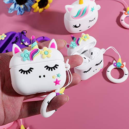 Jowhep Case for AirPod Pro 2019/Pro 2 Gen 2022 Cartoon Cute Silicone Cover with Keychain Fashion Funny Soft Protective Skin for Air Pods Pro Girls Kids Kawaii Shell Cases for AirPods Pro White Unicorn