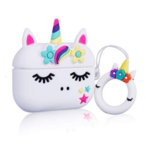 Jowhep Case for AirPod Pro 2019/Pro 2 Gen 2022 Cartoon Cute Silicone Cover with Keychain Fashion Funny Soft Protective Skin for Air Pods Pro Girls Kids Kawaii Shell Cases for AirPods Pro White Unicorn