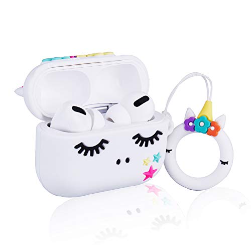 Jowhep Case for AirPod Pro 2019/Pro 2 Gen 2022 Cartoon Cute Silicone Cover with Keychain Fashion Funny Soft Protective Skin for Air Pods Pro Girls Kids Kawaii Shell Cases for AirPods Pro White Unicorn
