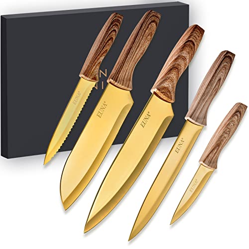 EUNA 5 PCS Chef Knife Set Ultra Sharp Kitchen Knife Set with Sheaths and Gift Box,Premium German Stainless Steel Knives Set for Kitchen with PP Ergonomic Handle (Gold)