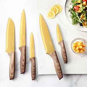 EUNA 5 PCS Chef Knife Set Ultra Sharp Kitchen Knife Set with Sheaths and Gift Box,Premium German Stainless Steel Knives Set for Kitchen with PP Ergonomic Handle (Gold)