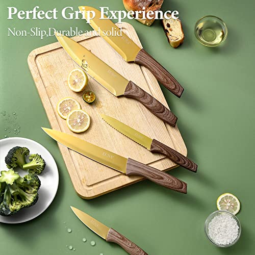 EUNA 5 PCS Chef Knife Set Ultra Sharp Kitchen Knife Set with Sheaths and Gift Box,Premium German Stainless Steel Knives Set for Kitchen with PP Ergonomic Handle (Gold)