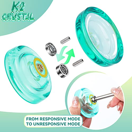 MAGICYOYO K2 Plus Crystal Responsive Yoyo for Kids, Dual Purpose Plastic Yo-yo for Beginner, Replacement Unresponsive Bearing for Intermediate, with Bearing Remover, Bag, 5 Yoyo Strings (Green)