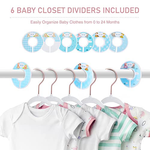 COZYMOOD Velvet Baby Hangers for Closet 50 Pack, Non-Slip Baby Clothes Hangers with 6 Pcs Cute Closet Dividers, Ultra-Thin Small Hangers for Kids Clothes Space Saving Infant & Toddler Hangers, White