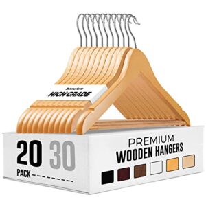 cozymood sturdy wooden hangers 20 pack durable & slim clothes hanger with 360° rotatable hook natural finish & notches wood hangers premium coat hanger for closet clothes hangers (natural)