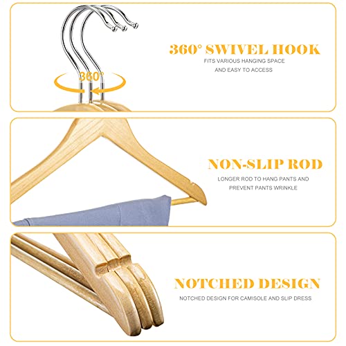 Cozymood Sturdy Wooden Hangers 20 Pack Durable & Slim Clothes Hanger with 360° Rotatable Hook Natural Finish & Notches Wood Hangers Premium Coat Hanger for Closet Clothes Hangers (Natural)