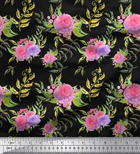 soimoi black cotton canvas fabric leaves & rose floral print fabric by the yard 44 inch wide