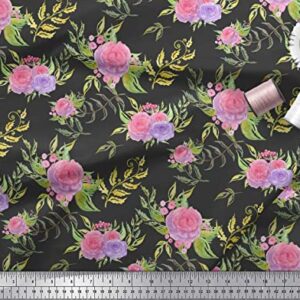 Soimoi Black Cotton Canvas Fabric Leaves & Rose Floral Print Fabric by The Yard 44 Inch Wide