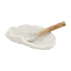 mud pie oyster shaped dip set, 6 1/2" x 4 1/4" | spoon 5 1/2", white
