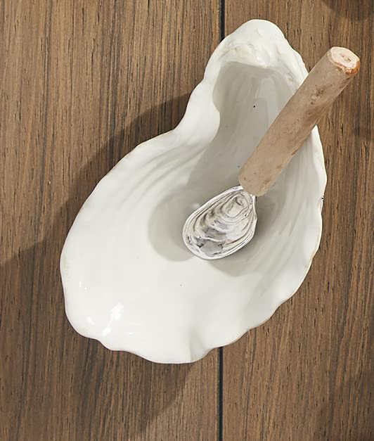 Mud Pie Oyster Shaped DIP Set, 6 1/2" x 4 1/4" | Spoon 5 1/2", White