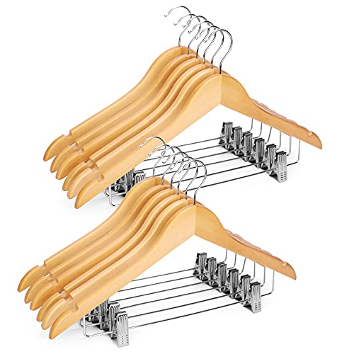 cozymood Wooden Hangers with Clips 12 Pack Premium Wooden Coat Hangers for Closet Durable Natural Wooden Pants Hangers with Clips Heavy Duty Hangers for Pants, Suits, Skirts, Jeans, Shirts, Shorts