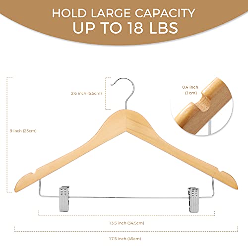 cozymood Wooden Hangers with Clips 12 Pack Premium Wooden Coat Hangers for Closet Durable Natural Wooden Pants Hangers with Clips Heavy Duty Hangers for Pants, Suits, Skirts, Jeans, Shirts, Shorts