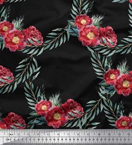 soimoi black cotton canvas fabric leaves & peony floral print sewing fabric yard 44 inch wide