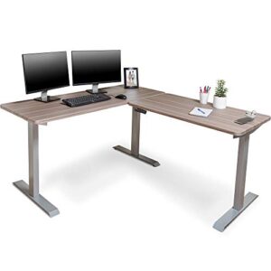 brodan electric standing l desk with power charging station, adjustable height sit stand home office desk, l shaped computer desk, 67x59 inches corner stand up desk, oak top with gray frame [updated]