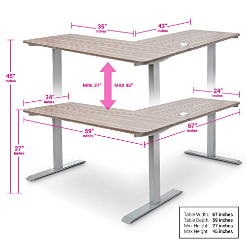 BRODAN Electric Standing L Desk with Power Charging Station, Adjustable Height Sit Stand Home Office Desk, L Shaped Computer Desk, 67x59 inches Corner Stand Up Desk, Oak Top with Gray Frame [Updated]