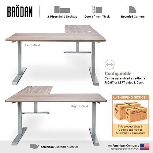 BRODAN Electric Standing L Desk with Power Charging Station, Adjustable Height Sit Stand Home Office Desk, L Shaped Computer Desk, 67x59 inches Corner Stand Up Desk, Oak Top with Gray Frame [Updated]