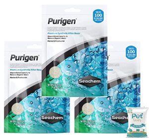 pet faves seachem purigen organic ultimate filtration resin 100ml (3 pack) - aquarium fish tank filter media for freshwater & saltwater with 10ct pet wipes