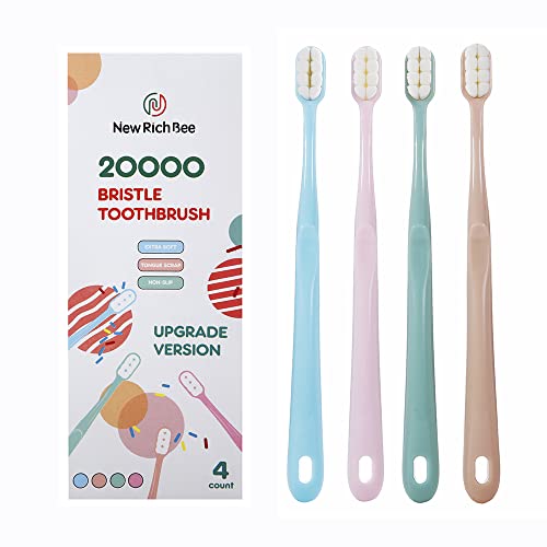 newrichbee [Upgrade Version] 4 Pack Micro Nano Extra Soft Toothbrush for Adult,20000 Bristle Toothbrush,Soft Bristle Toothbrush for Sensitive Teeth or Gum Clean Effectively (Pink&Green&Blue&Flesh)