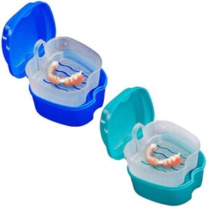 KISEER 2 Pack Denture Bath Case Cup Box Holder Storage Container with Denture Cleaner Brush Strainer Basket for Travel Cleaning (Light Blue and Blue)