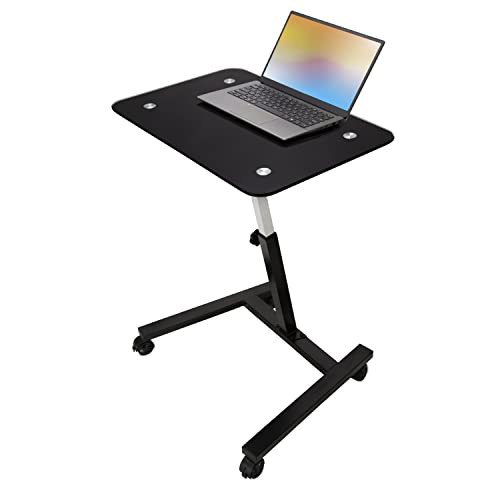 Seville Classics Solid-Top Height Adjustable Mobile Laptop Computer Desk Cart Ergonomic Home Office Stand Rolling Table, Tempered Glass (24"), Black