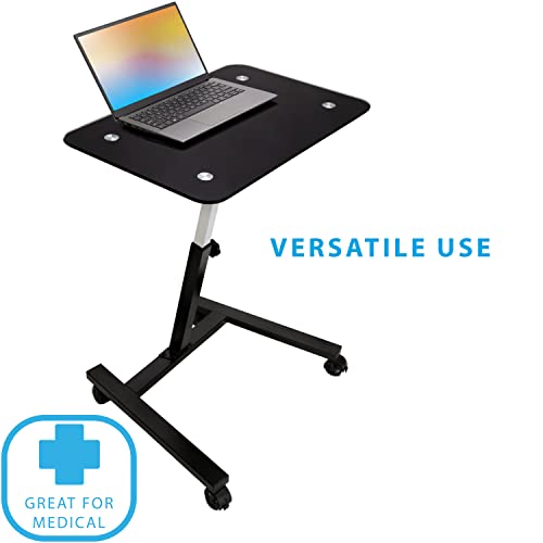 Seville Classics Solid-Top Height Adjustable Mobile Laptop Computer Desk Cart Ergonomic Home Office Stand Rolling Table, Tempered Glass (24"), Black