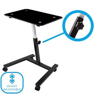 Seville Classics Solid-Top Height Adjustable Mobile Laptop Computer Desk Cart Ergonomic Home Office Stand Rolling Table, Tempered Glass (24"), Black