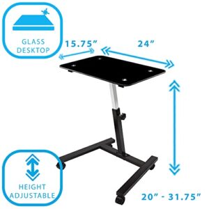 Seville Classics Solid-Top Height Adjustable Mobile Laptop Computer Desk Cart Ergonomic Home Office Stand Rolling Table, Tempered Glass (24"), Black