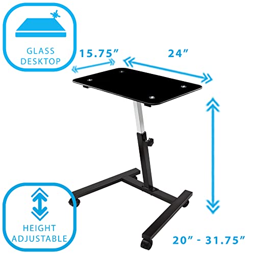 Seville Classics Solid-Top Height Adjustable Mobile Laptop Computer Desk Cart Ergonomic Home Office Stand Rolling Table, Tempered Glass (24"), Black