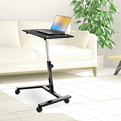 Seville Classics Solid-Top Height Adjustable Mobile Laptop Computer Desk Cart Ergonomic Home Office Stand Rolling Table, Tempered Glass (24"), Black