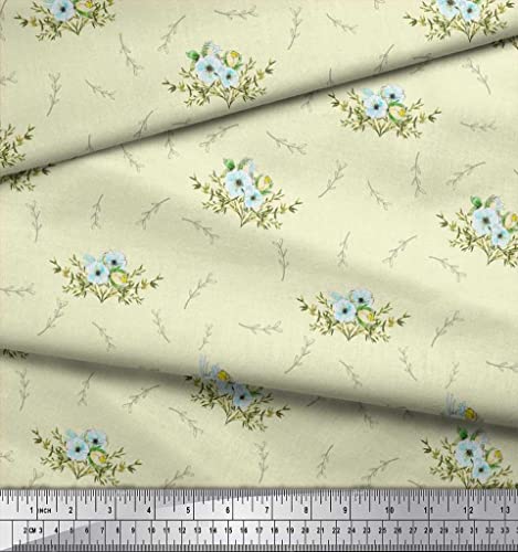 Soimoi Yellow Cotton Canvas Fabric Leaves & Anemone Floral Fabric Prints by Yard 44 Inch Wide