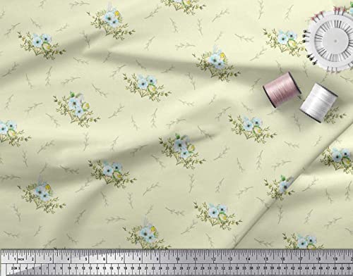 Soimoi Yellow Cotton Canvas Fabric Leaves & Anemone Floral Fabric Prints by Yard 44 Inch Wide