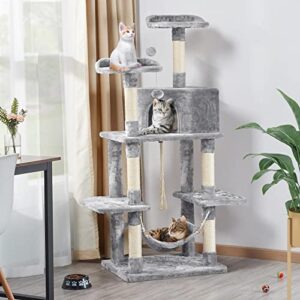 Topeakmart Multi-Level Cat Tree Cat Tower, 59''H Activity Center Tower Stand Furniture with Scratching Posts, Plush Perch & Hammock