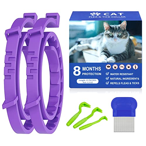 Purple Flea and Tick Collar for Cats & Kittens, Cat Flea Collar 2 Pack Made with Plant Based Essential Oil, 8-Month Natural Flea and Tick Prevention Treatment and Protection