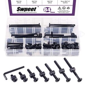 swpeet 84pcs black m6 × 20/30/40/50/60/70/80mm crib hardware screws kit, hex socket head cap crib baby bed bolt and barrel nuts with 1 x allen wrench perfect for furniture, cots, crib screws