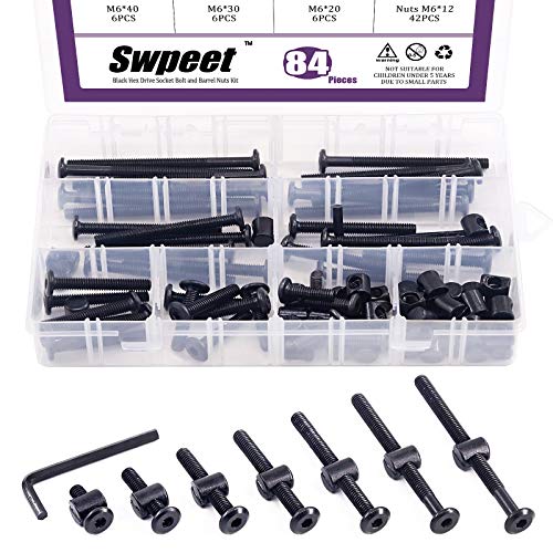 Swpeet 84Pcs Black M6 × 20/30/40/50/60/70/80mm Crib Hardware Screws Kit, Hex Socket Head Cap Crib Baby Bed Bolt and Barrel Nuts with 1 x Allen Wrench Perfect for Furniture, Cots, Crib Screws