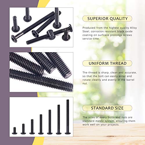 Swpeet 84Pcs Black M6 × 20/30/40/50/60/70/80mm Crib Hardware Screws Kit, Hex Socket Head Cap Crib Baby Bed Bolt and Barrel Nuts with 1 x Allen Wrench Perfect for Furniture, Cots, Crib Screws