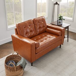 edenbrook lynnwood upholstered loveseat - small loveseat - camel faux leather loveseat - living room furniture - mid-century modern loveseat - includes bolster pillows