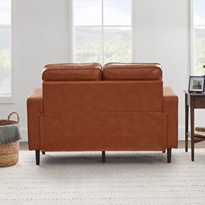 Edenbrook Lynnwood Upholstered Loveseat - Small Loveseat - Camel Faux Leather Loveseat - Living Room Furniture - Mid-Century Modern Loveseat - Includes Bolster Pillows