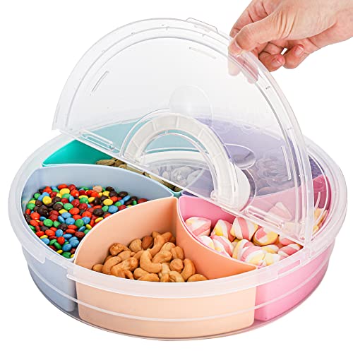 Cedilis 2 Pack Snack Serving Tray with Lid, 12inch Fruit Serving Container, 5 Colorful Compartment Round Appetizer Tray, Divided Plastic Food Storage Organizer Plate for Snack, Candy, Nut, Picnic