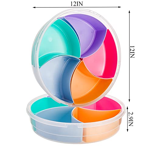 Cedilis 2 Pack Snack Serving Tray with Lid, 12inch Fruit Serving Container, 5 Colorful Compartment Round Appetizer Tray, Divided Plastic Food Storage Organizer Plate for Snack, Candy, Nut, Picnic